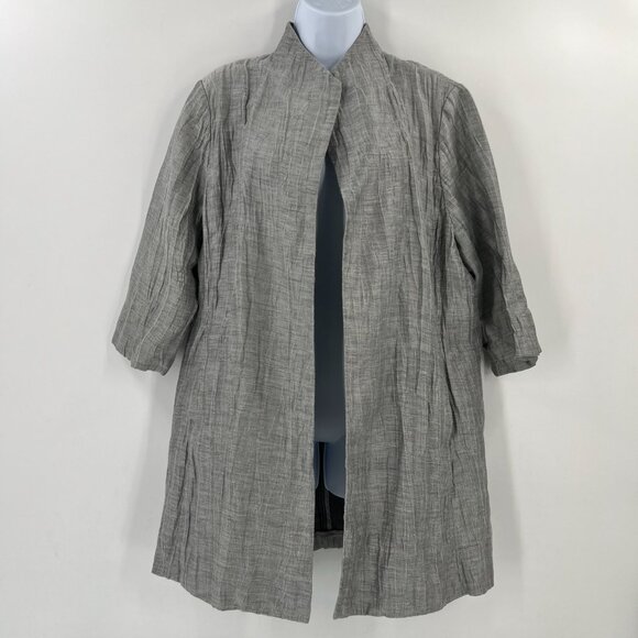 Eileen Fisher L Minimalist Crinkle Jacket 3/4 Sleeve Mandarin Collar Linen Blend - Picture 14 of 14
